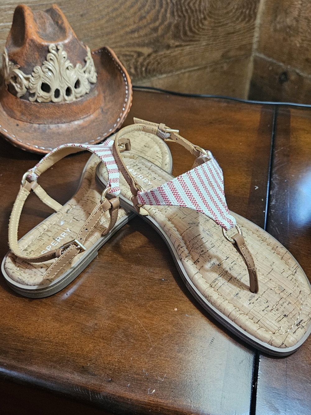Sperry Women’s Red & Tan Striped T-strap Sandals
